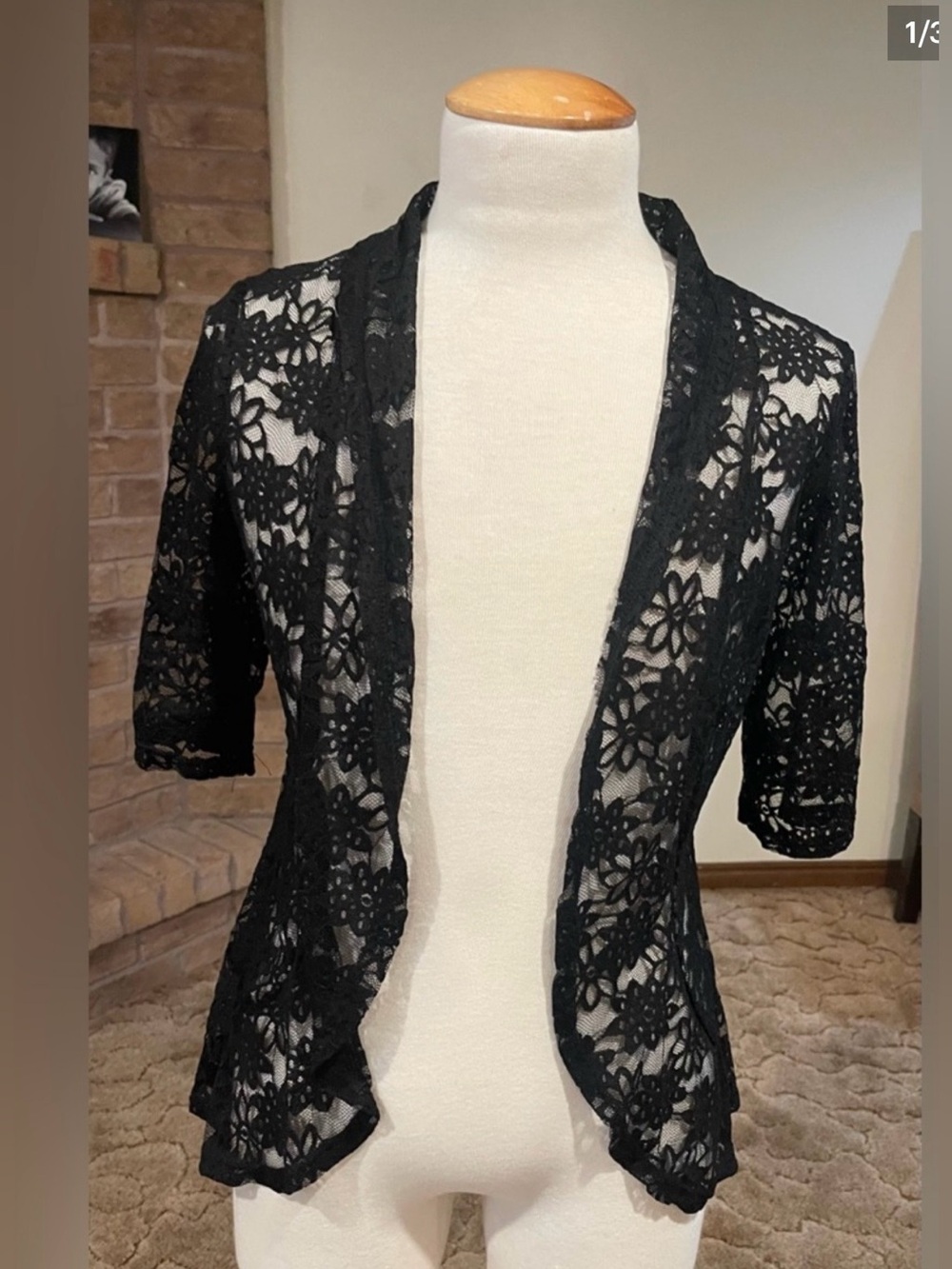 SHEIN Black Floral Lace Open-Front Blazer